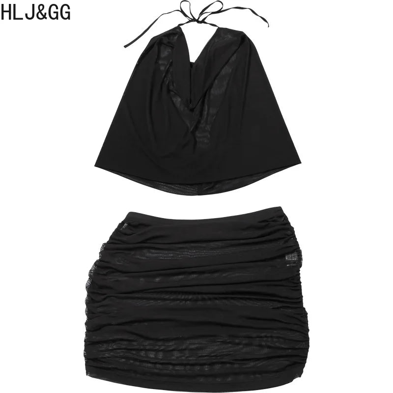 HLJ&GG Sexy Ruched Halter Deep V Mini Skirts Two Piece Sets Women Sleeveless Backless Lace Up Crop Top+Skirts Outfits Streetwear