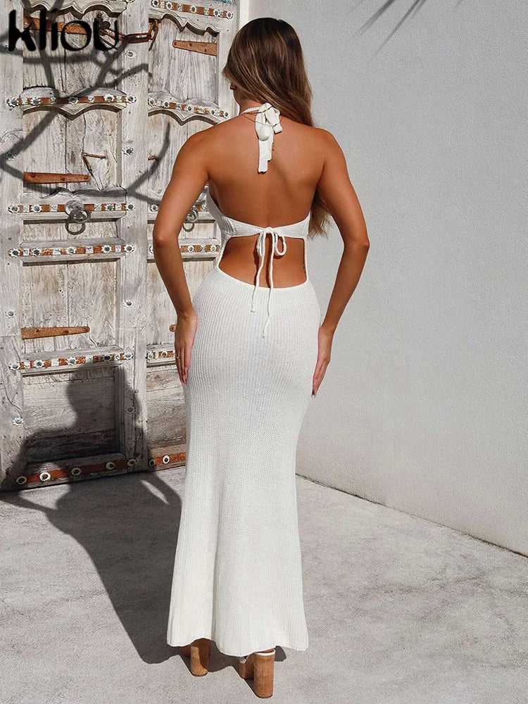 kliou Crochet Halter Dress Women See Through Bandage Sleeveless Backless Sheath Low Neck Vestidos Concise Solid Girls Streetwear