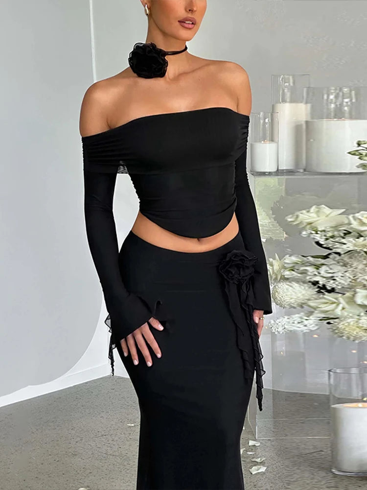 Dulzura Matching Suit Neck Accessories 3D Flower Off Shoulder Long Trumpet Sleeves Crop Top Tassel Maxi Skirt 2024 Autumn Women