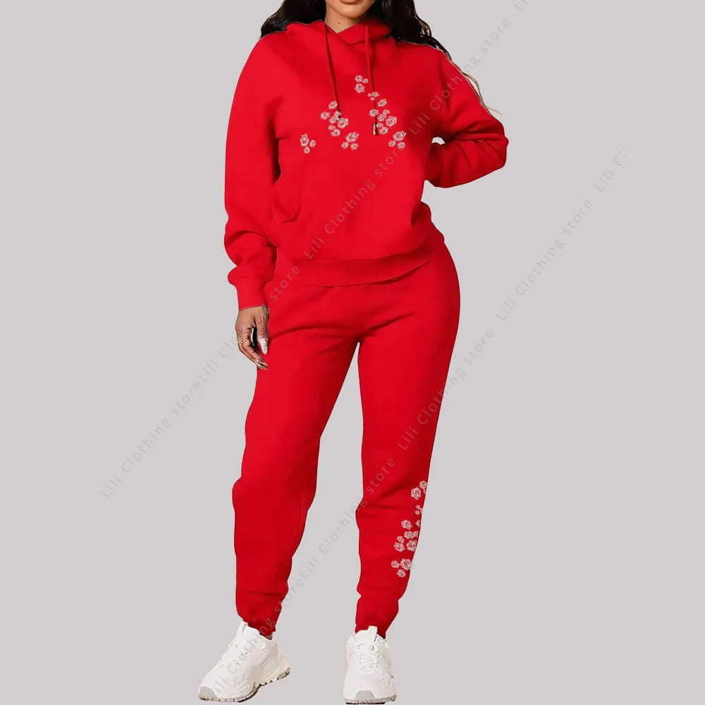 Women's Pants Sets Hoodies Sweatpants Two Piece Outfits Sweatsuit Aesthetic Sportswear Rose Graphic Print Woman Suit Plus Size