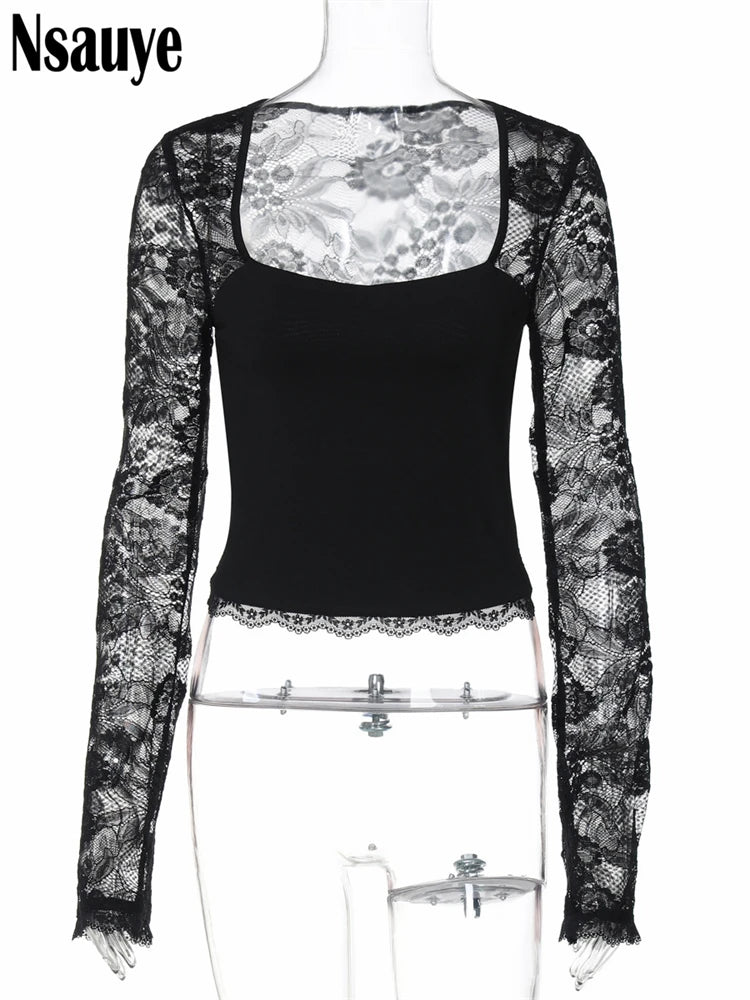 Nsauye Women Fashion Long Sleeve Lace Skinny T Shirt Sexy Club Y2K Clothes Patchwork Crop Tops Basic Tees Streetwear