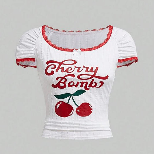 Y2k Sweet Cute Lace Trim Short Sleeve Women's Crop Top Korean Style Aesthetic Slim T-shirt Cherry Printed Basic Baby Tees