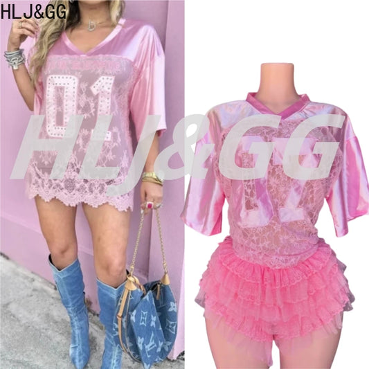 HLJ&GG Y2K Fashion Lace Splicing Letter Two Piece Sets Women V Neck Short Sleeve Loose Top+Mini Ruffle Skirts Outfits Streetwear