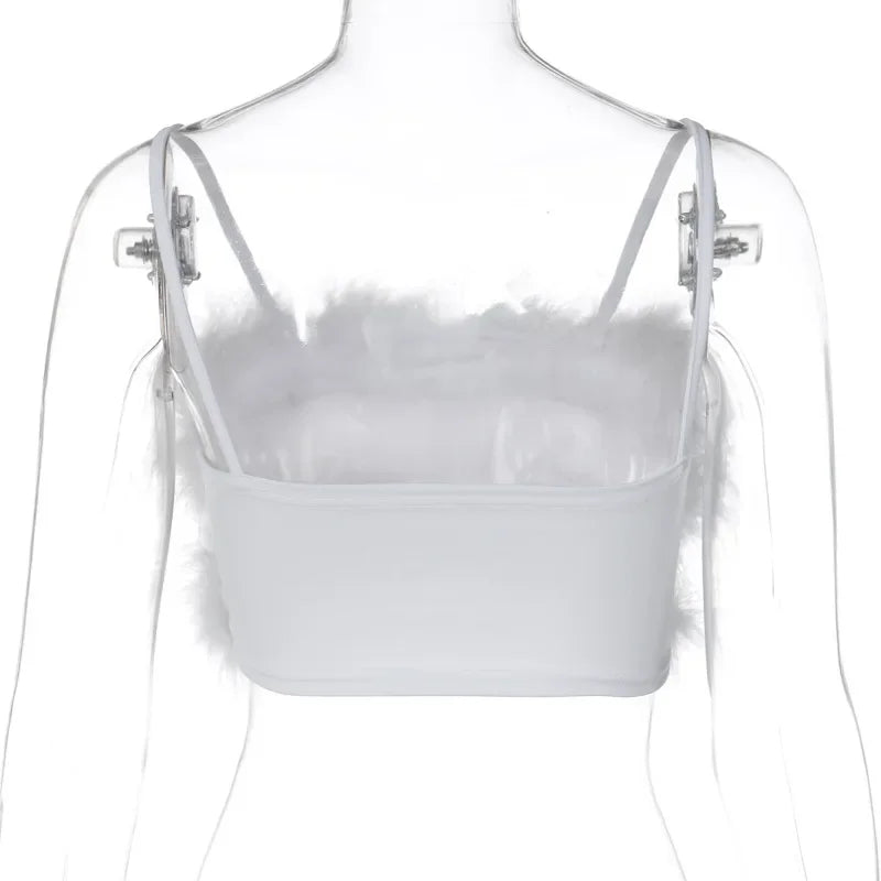 HLJ&GG Sweet Fur Tank Top Fashion Two Piece Set For Women Thin Strap Sleeveless Backless Slim Vest And Mini Puffy Skirt Outfits