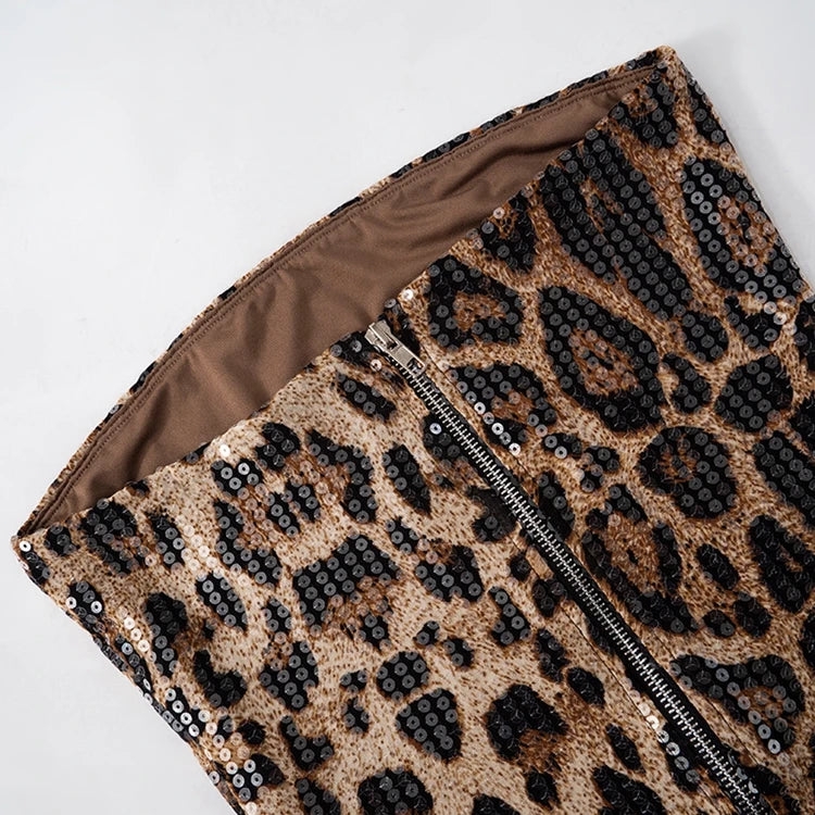 STYLISH LADY Sparkly Sequined Leopard Printed Crop Top 2025 Summer Women Strapless Zipper Slim Sexy Club Party Street Tops Tees