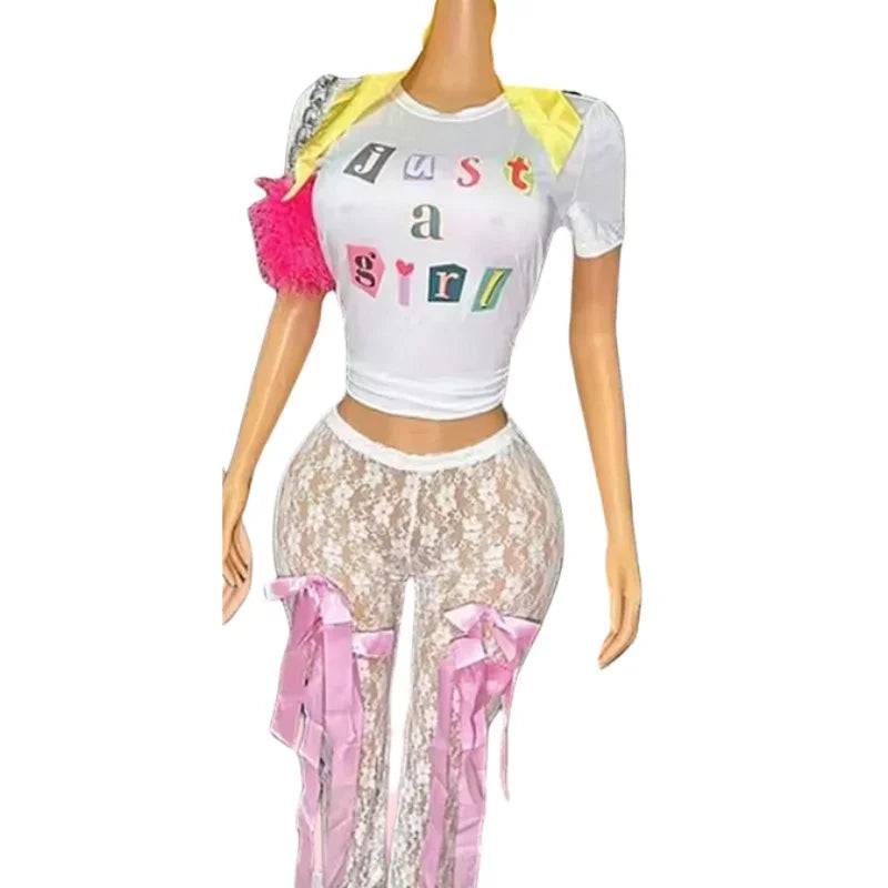 HLJ&GG Fashion Y2K Streetwear Women Letter Print O Neck Slim Crop Top And Mesh Sheer Bow Skinny Pants 2 Piece Sets Outfits 2024