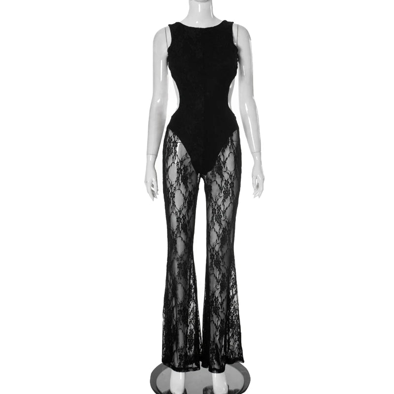 STYLISH LADY Black Lace Hollow Out Jumpsuits 2025 Summer Women Sleeveless Backless Bodycon Sexy Club Party One Piece Overalls