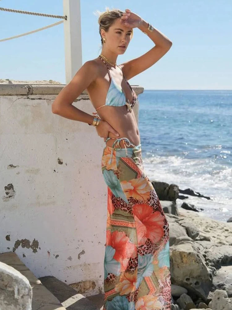 Weird Puss Beach Style Women 3Piece Set Swimsuit Colorful Print Bandage Bra+Briefs+Maxi Skirts Vacation Midnight Club Party Suit