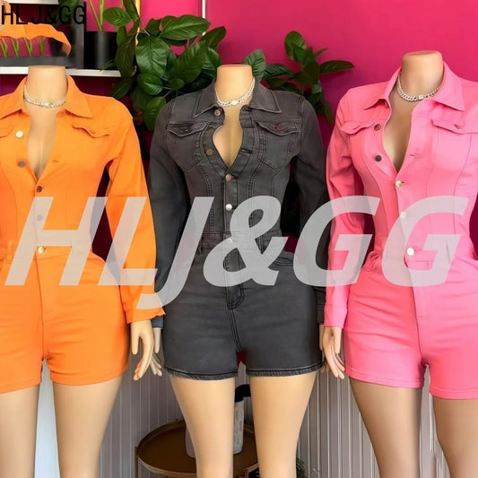 HLJ&GG Fashion Bodycon jeans Romper ladies Solid Color Long Sleeves One Piece Jumpsuit, Streetwear Overalls 2025 Summer New