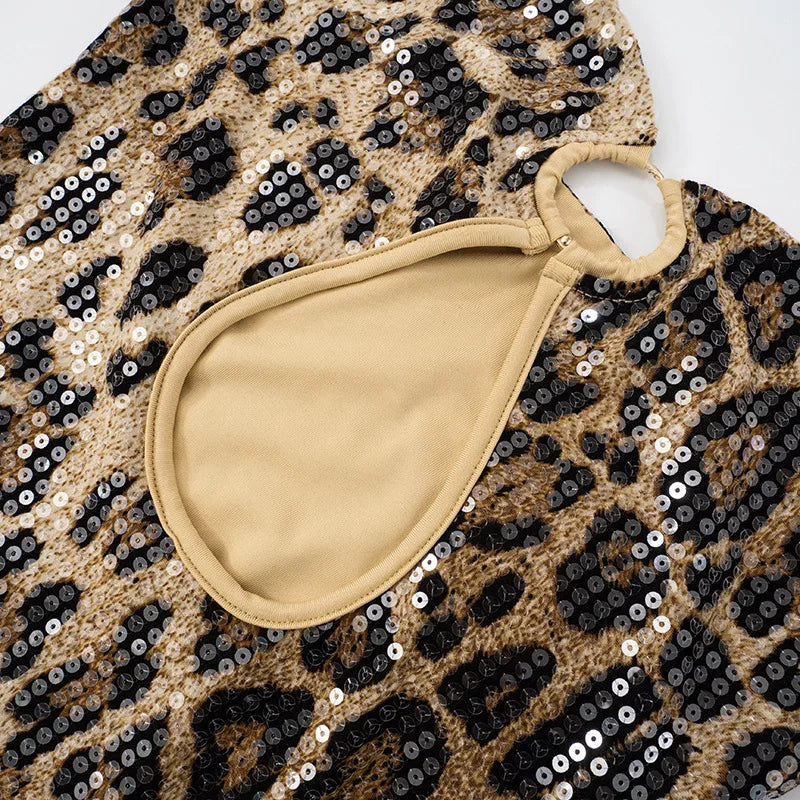 HLJ&GG Y2K Fashion Leopard Sequined Shorts Two Piece Sets Women Letter Print Round Neck Slim Crop Top And Shorts Outfits 2025