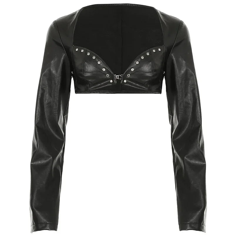 HLJ&GG Fashion Leather Long Sleeve Crop Jacket + Skinny Leopard Pants Two Piece Sets Y2K Cool Girl Outfits Women Sexy Streetwear