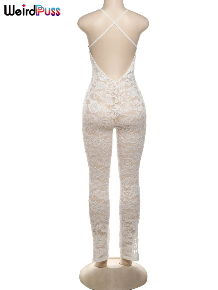 Weird Puss Cross Backless Jumpsuit Women Sexy See Thorough v-Neck Sleeveless Summer Coquette Stretch Activity Workout Overalls
