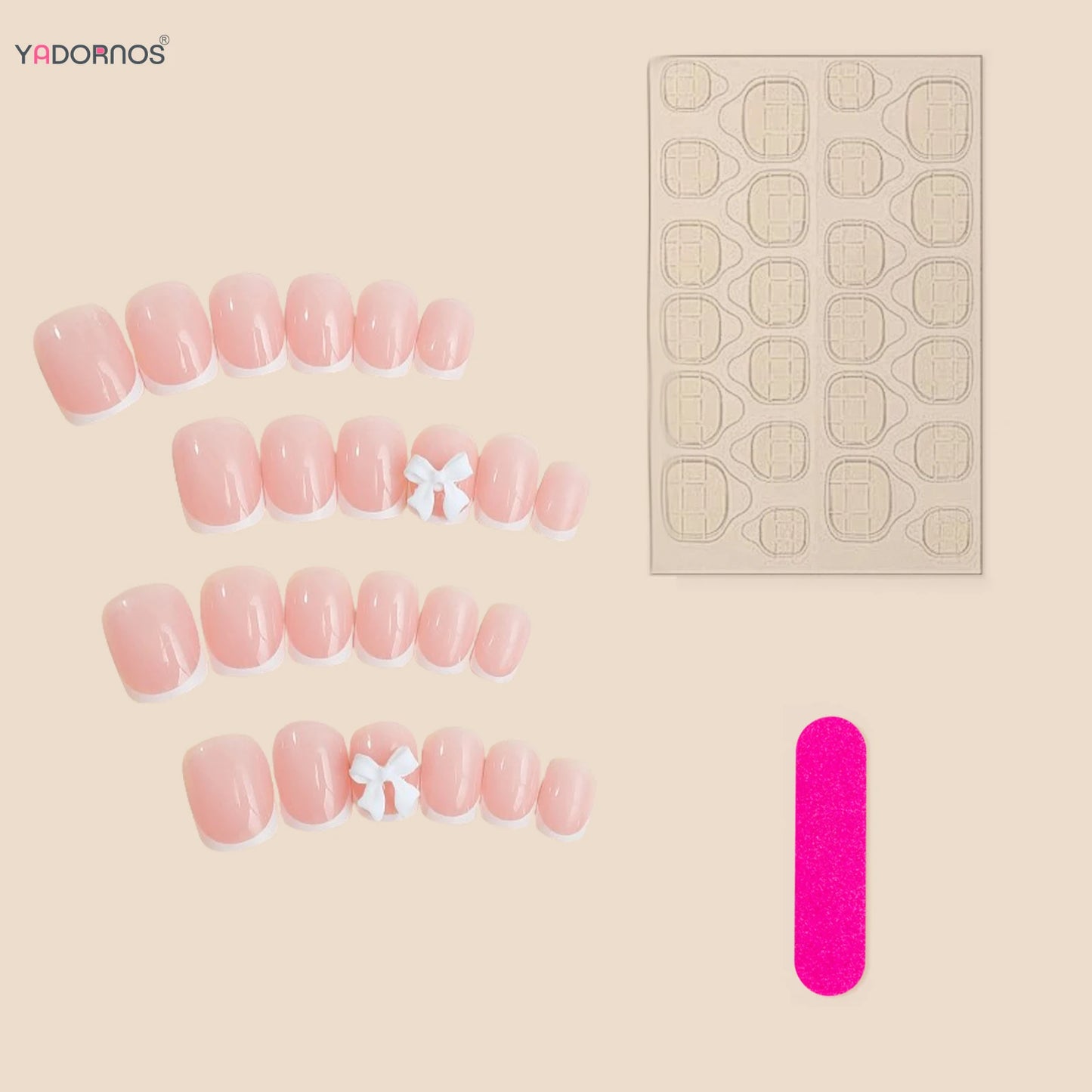 White French Press on Nails 3D Bowknot Fake Nails Tips Full Cover Wearable False Nails for Women and Girls DIY 24Pcs