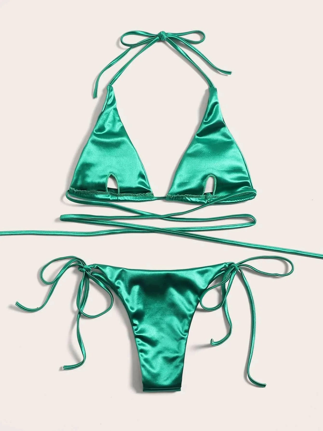 Halter Brazilian Metallic Satin Bikini Swimwear, Swimsuit Two-pieces Bikini Set High Cut Bathing Suit Swim Beachwear