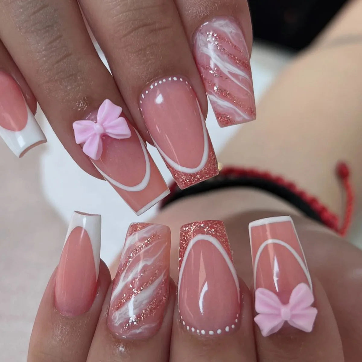White French Press on Nails 3D Bowknot Fake Nails Tips Full Cover Wearable False Nails for Women and Girls DIY 24Pcs