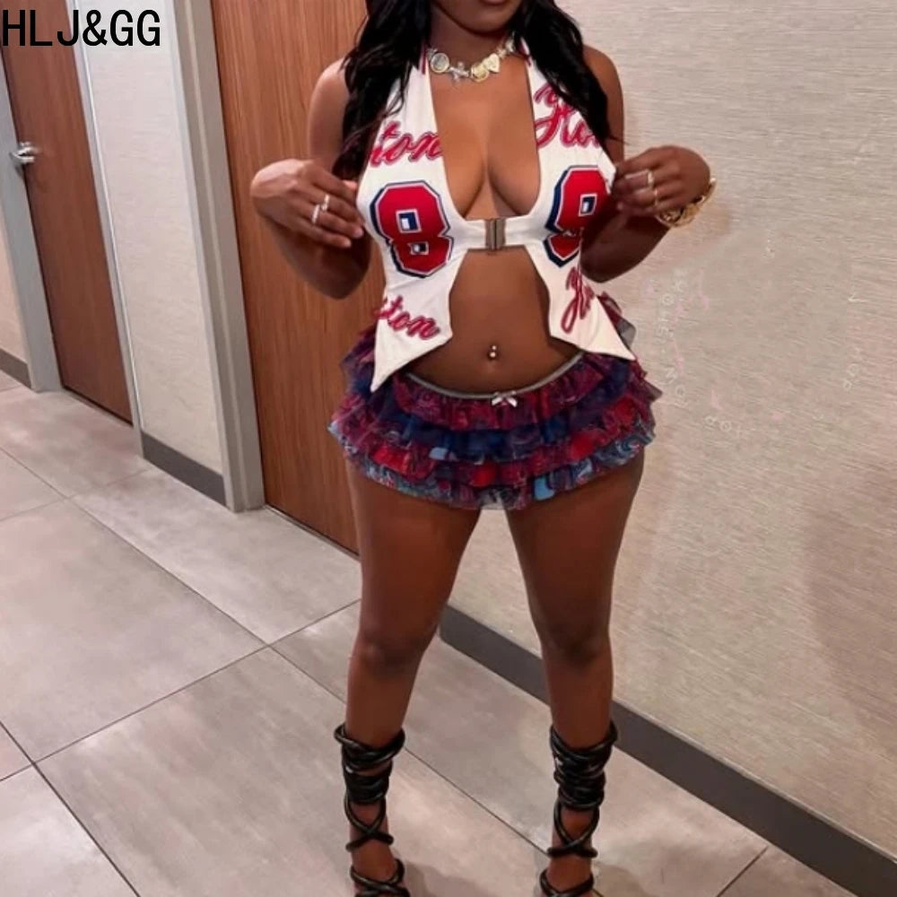 HLJ&GG American Vintage Women Streetwear Y2K Halter Hollow Letter Print Irregular Top And Ruffle Skirts Two Piece Sets Outfits