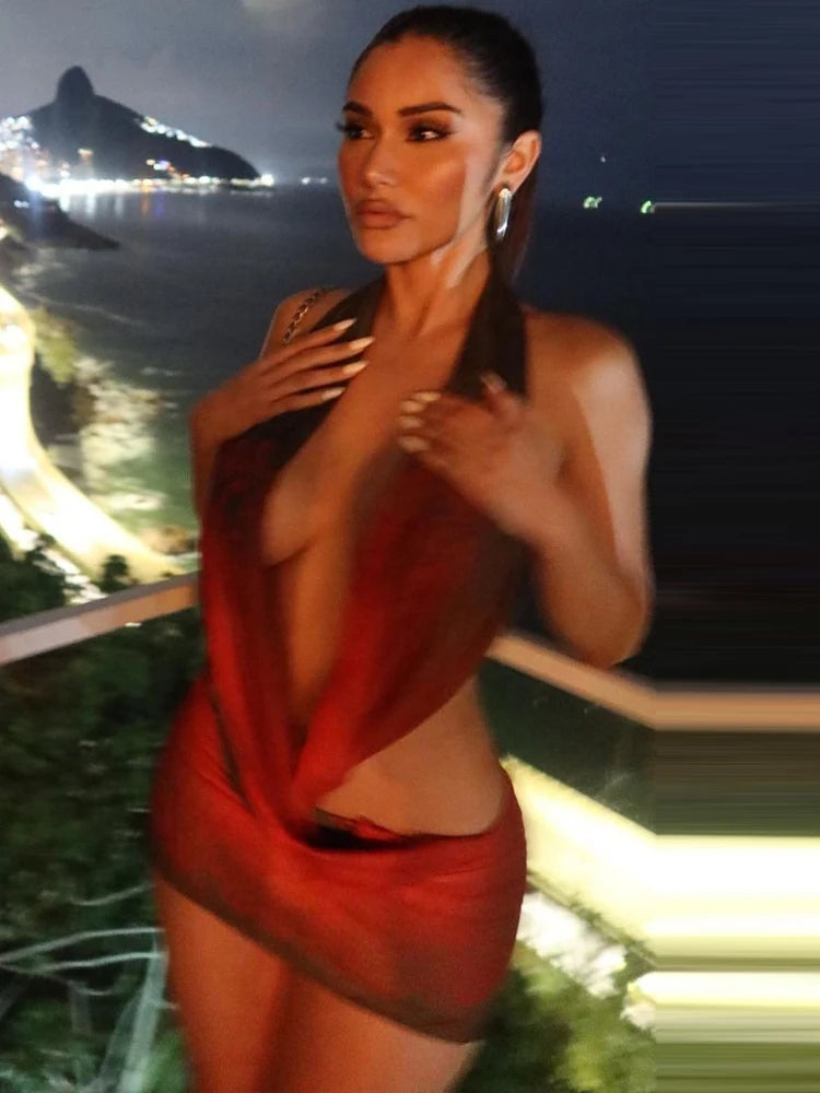 Weird Puss Sexy Mesh WOMEN Dress Backless Halter Deep V Neck Skinny Waistless Coquette Hot Girl Swim Party Midnight Clubwear