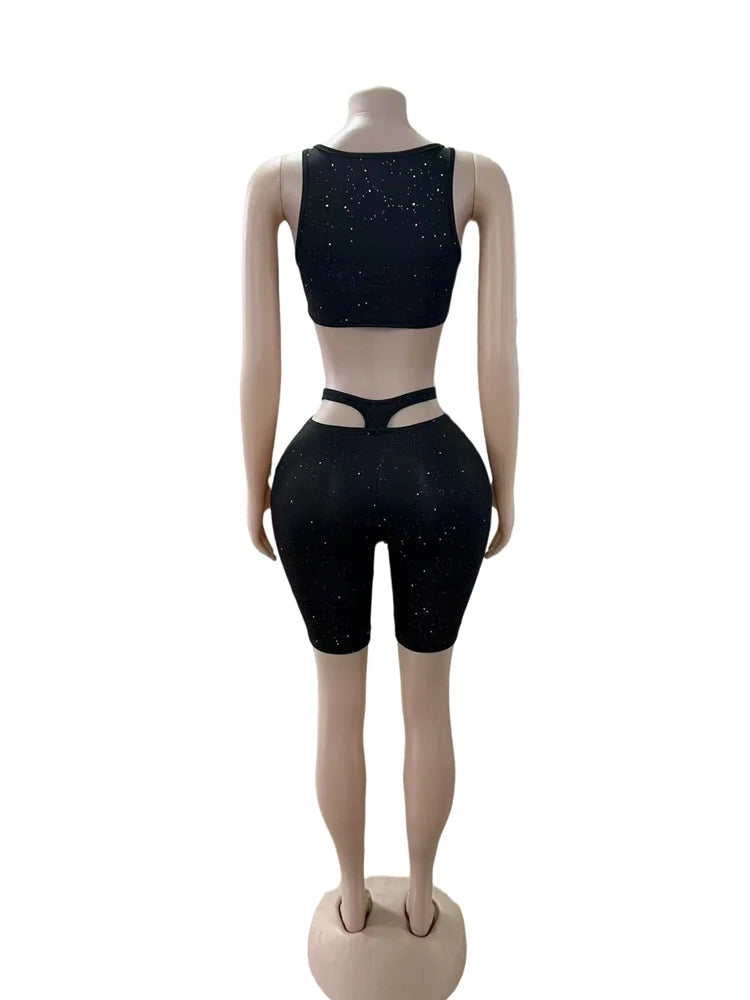 STYLISH LADY Black Sparkly 2 Piece Set Women Spaghetti Strap Crop Top and Shorts Suits 2025 Summer Hollow Out Club Party Outfits