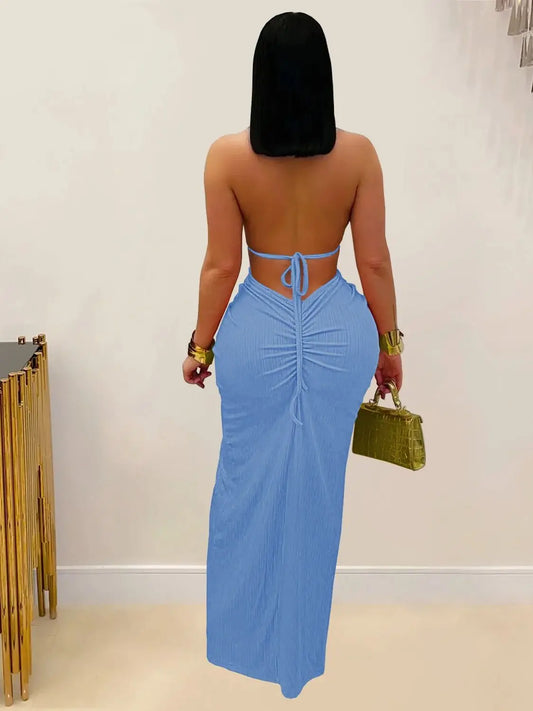 Weird Puss Sexy Plait Dress Women Summer Peach Buttocks Backless Sleeveless Split Hollow Midnight Party Clubwear Maxi Bodycon