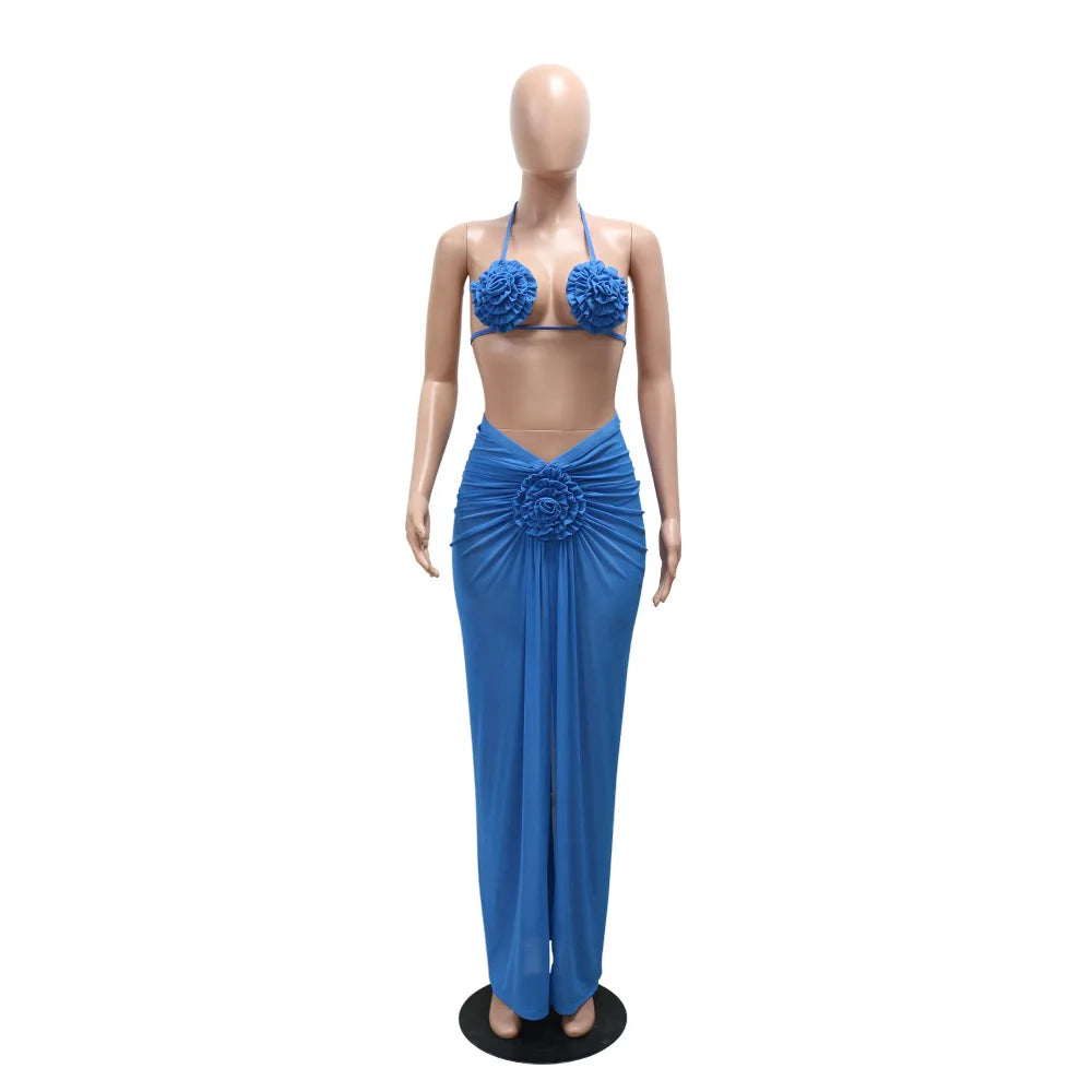 Weird Puss Beach Style Sexy 3 Piece Set Women Lace-Up Halter Pleats Flower Bra+Briefs+See Through Skirts Fashion Bikini Suit
