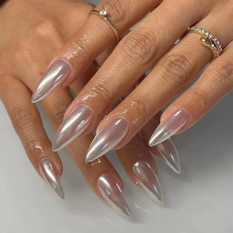 24pcs Aurora Stiletto False Nail Tips Glitter Gradient Color Fake Nails Wearable Full Cover Pointed Head Acrylic Nail Tips