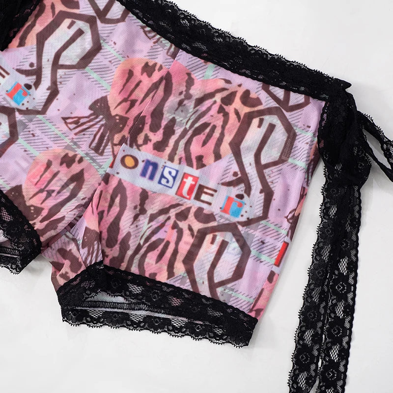 Weird Puss See Through Women 2 Piece Set Sexy Black-Edged Lace Sexy Full Sleeve Crop Tops+Shorts Matching Club Stretch Outfits