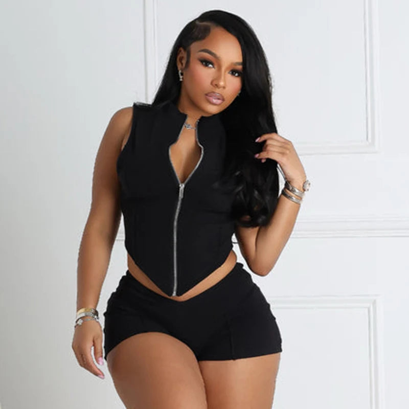 Weird Puss Casual Tracksuit 2 Piece Set Women Irregular Tank Tops+Peach Hip Zip Shorts Daily Simple Skinny Sporty Streetweas