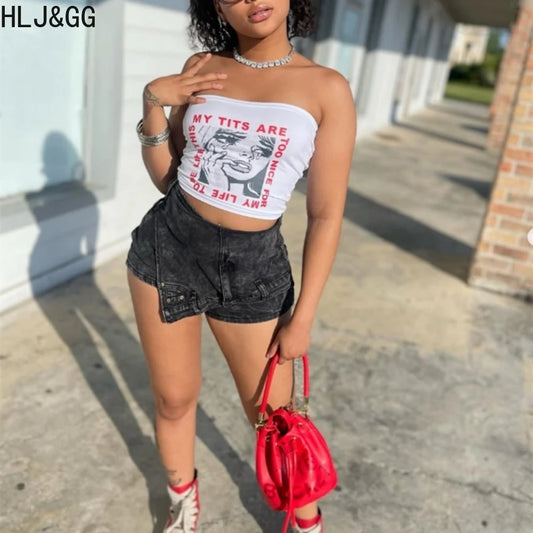 HLJ&GG Y2K Fashion Streetwear Sexy Hot Girl Printing Sleeveless Slim Vest And Denim Shorts Two Piece Sets Summer 2pcs Outfits