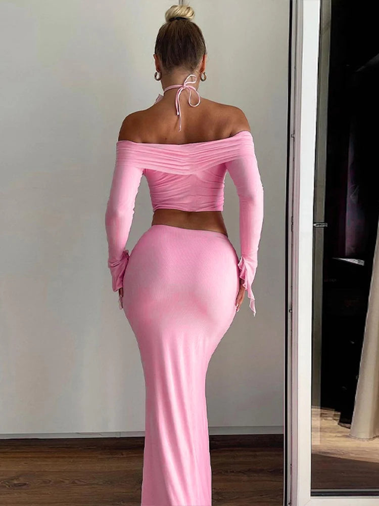 Dulzura Matching Suit Neck Accessories 3D Flower Off Shoulder Long Trumpet Sleeves Crop Top Tassel Maxi Skirt 2024 Autumn Women