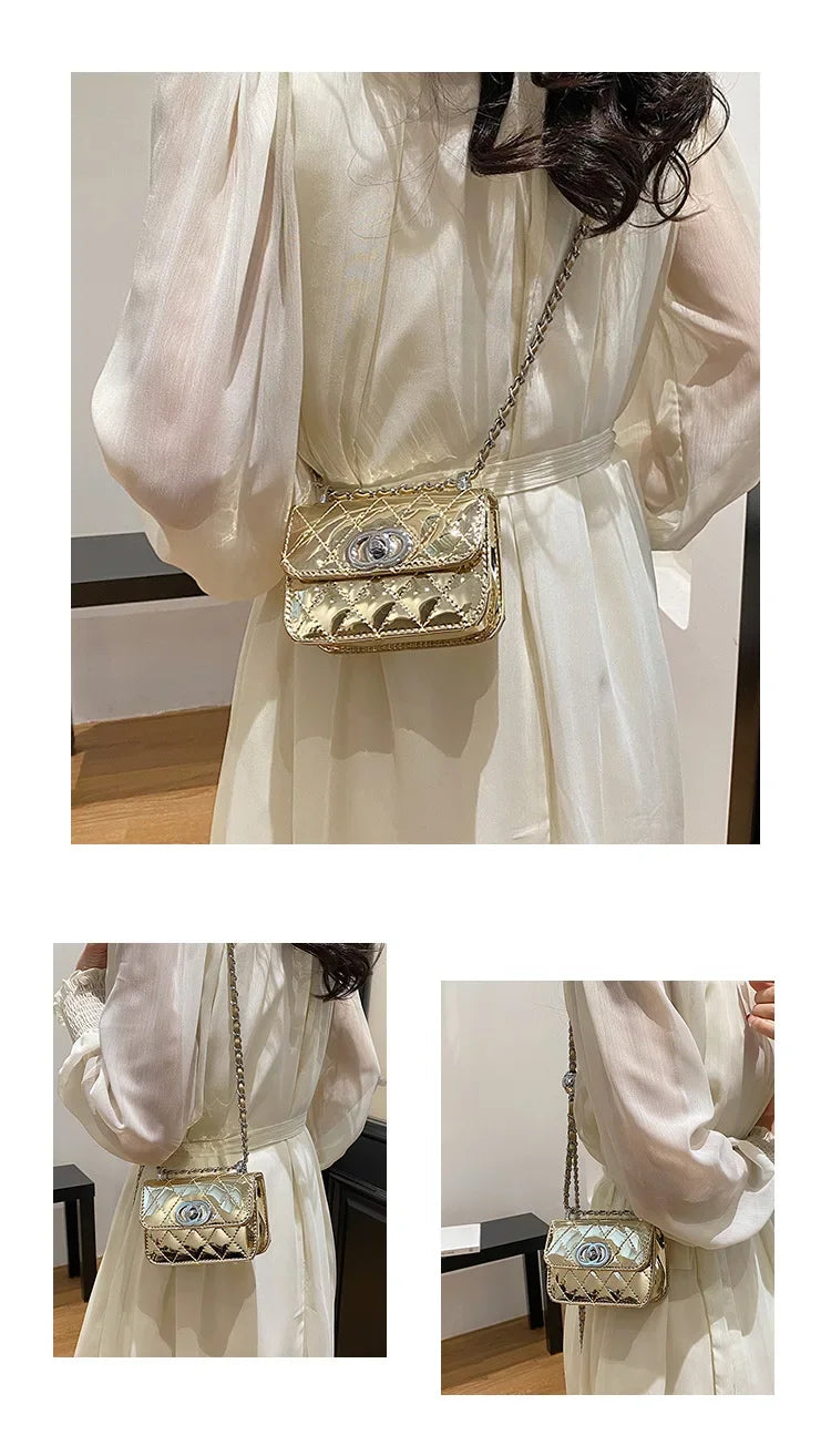 2025 New Arrival Eye - Catching Laser - Patent Mini Crossbody with Gleaming Glossy Chain Strap, Convenient Lipstick Holder