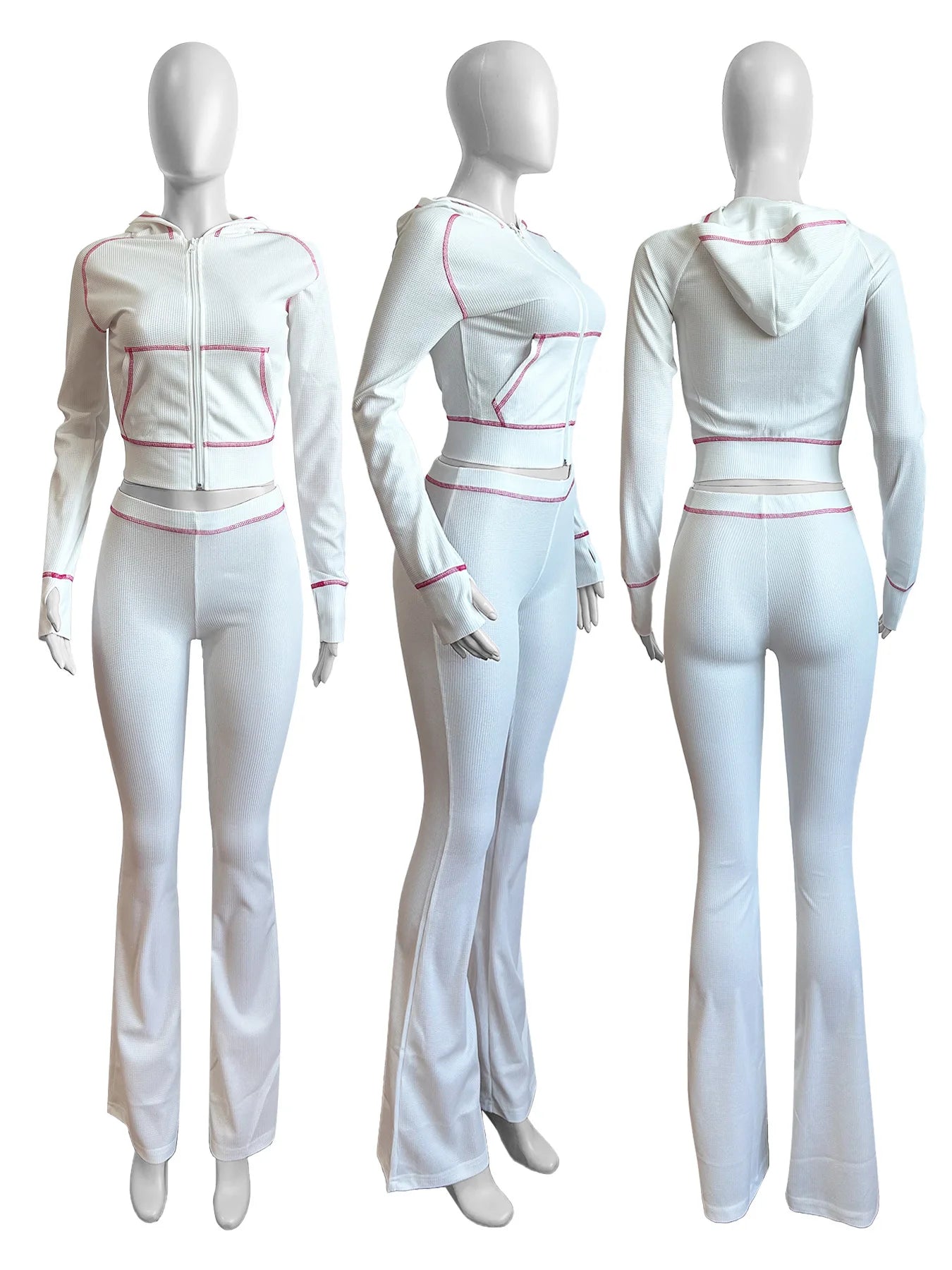HLJ&GG Spring New Waffle Flare Pants Two Piece Sets Women Zip Hooded Long Sleeve Top + Pants Outfits Casual Sporty 2pcs Clothing
