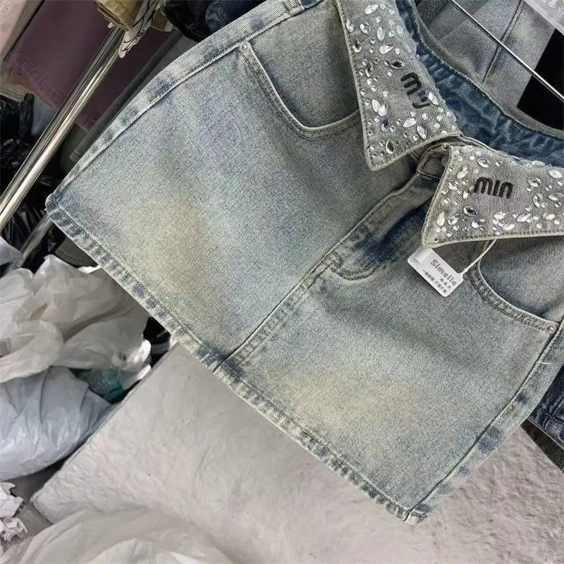 Vintage Fashion High Waist Diamonds A-line Skirt Trend Sexy Pocket Skirt Clothing Fashionable Distressed Mini jeans skirt