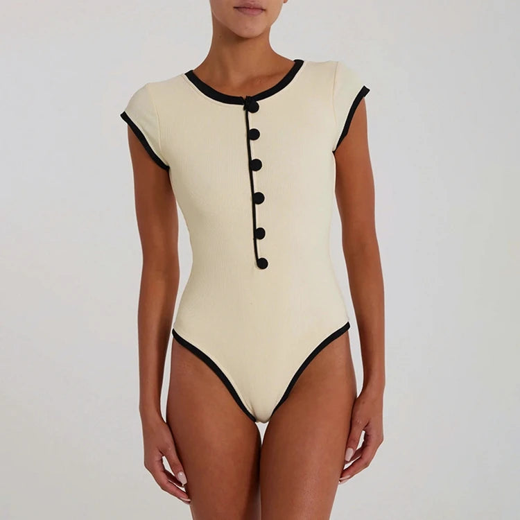 STYLISH LADY Ribbed Button Bodysuits 2025 Summer Women Short Sleeve O Neck Black Nude Sexy Club Street Bodycon Rompers