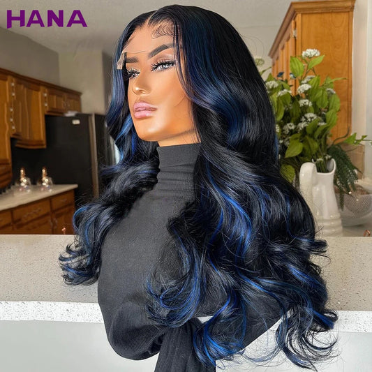 Ombre Blue Human Hair Wigs HD 13x6 Lace Frontal Wig Highlights Blue Brazilian Body Wave Bleached Knots Remy 5x7 Lace Closure Wig