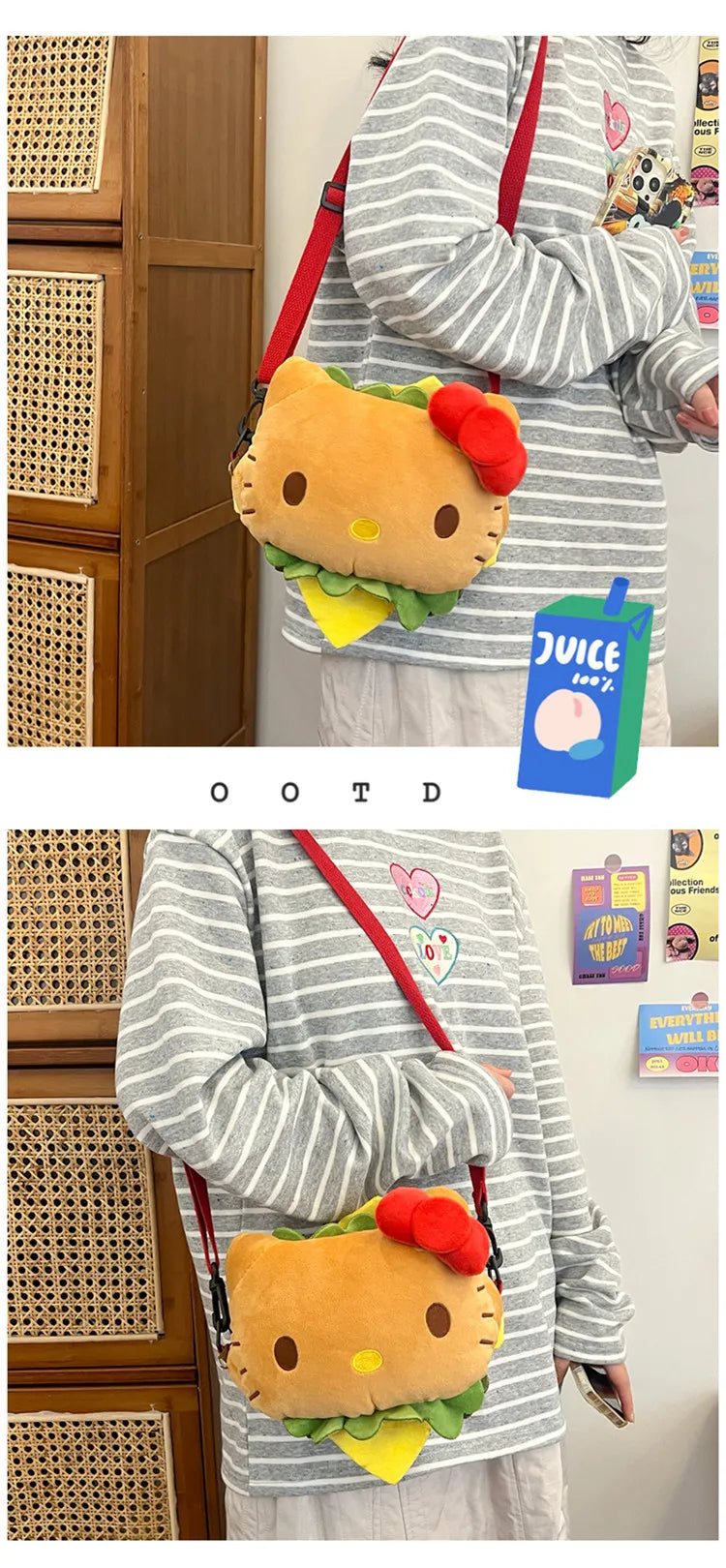 Hello Kitty Kawaii Hamburger Plush Mini Crossbody Bag Adorable Shoulder Purse for Teen Girls Kawaii Fashion Shoulder Bagfor Girl