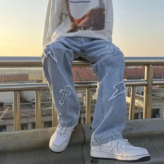 Straight Leg Denim Jeans Male New Fashion Casual Loose High Street Y2k Pants New Wide Leg Hip Hop Black Blue Pants