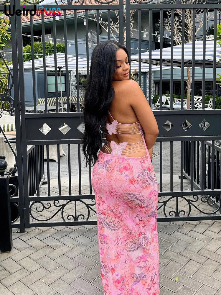Weird Puss Chic Butterfly Women Maxi Dress Print Backless Spaghetti Straps V Neck Halter Bodycon Hot Girls Club Party Vestidos