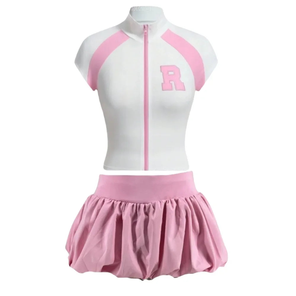 HLJ&GG Fashion Letter Embroidery Two Piece Sets For Women Zipper Short Sleeve Slim Top And Puffy Mini Skirts Outfits Streetwear