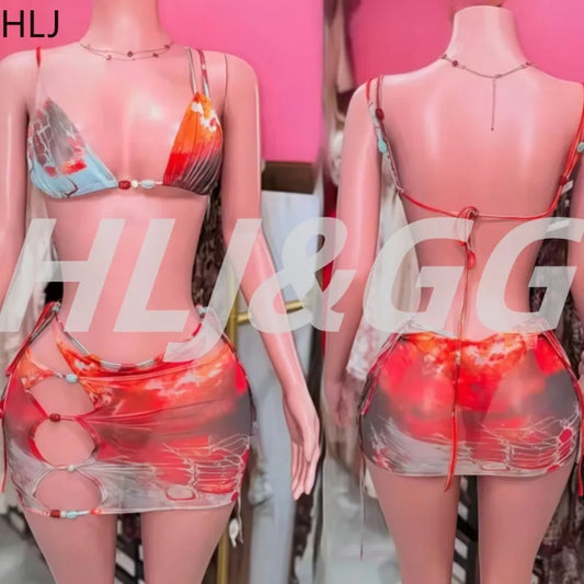 HLJ&GG Sexy Printing 2 Piece Sets Woman Outfits Spaghetti Strap Crop Bra Top+Bikini Shorts + Skirt Matching Suit Female Holiday
