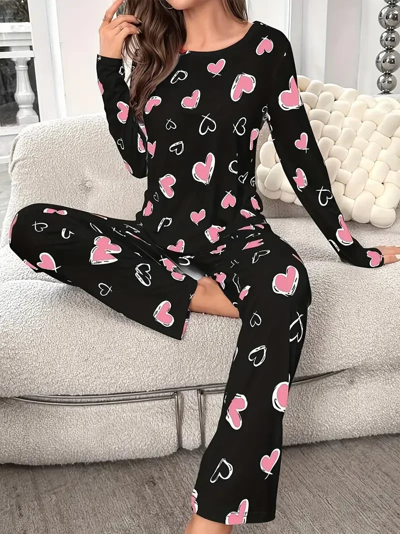 Autumn Winter Sleepwear Women Heart Print Knitted Round-Neck Loose Tops and Elastic Long Pants Pajama Set Loungewear