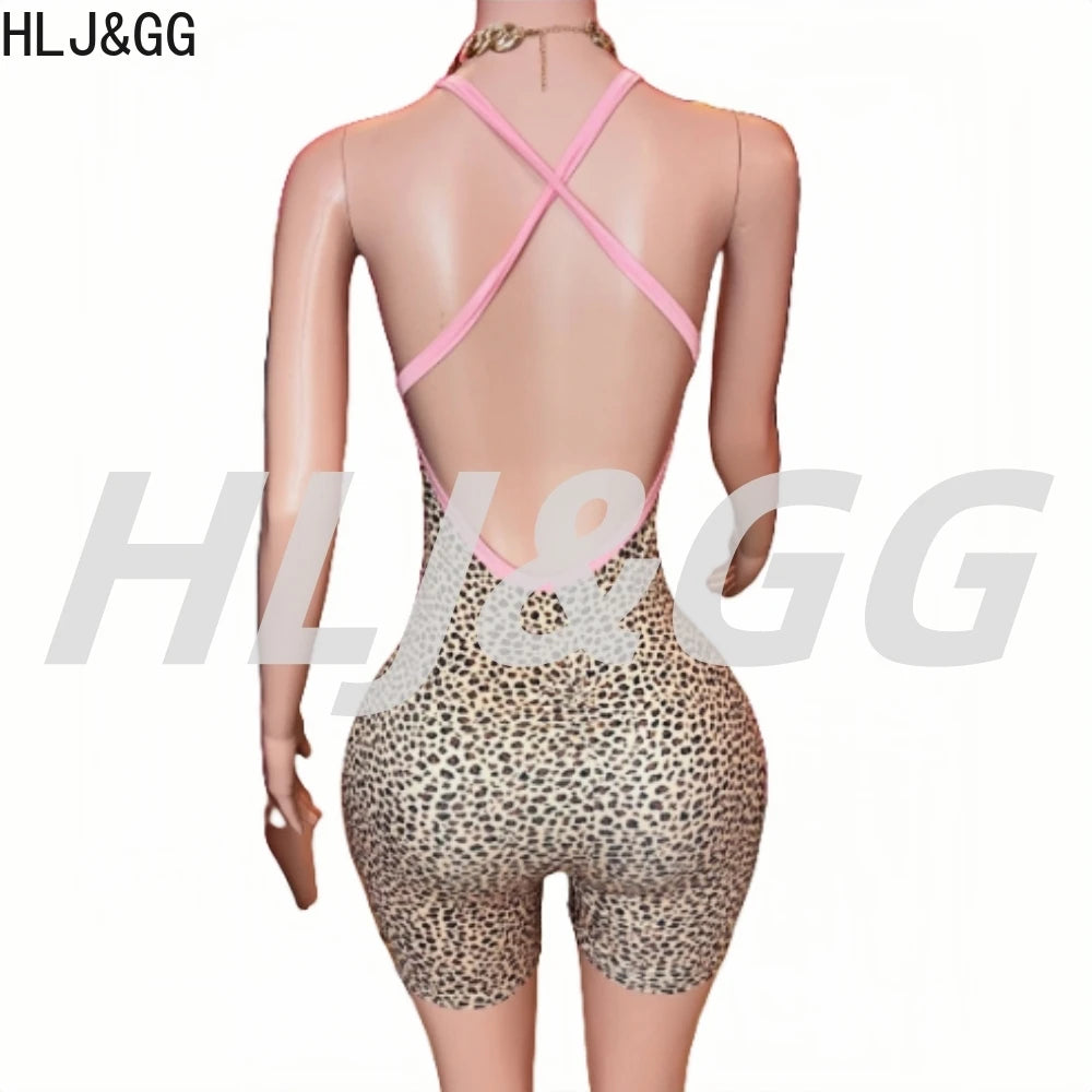 HLJ&GG Summer New Leopard Print Bow Bodycon One Piece Rompers Women Hollow Out Halter Backless Slim Jumpsuits Fashion Streetwear