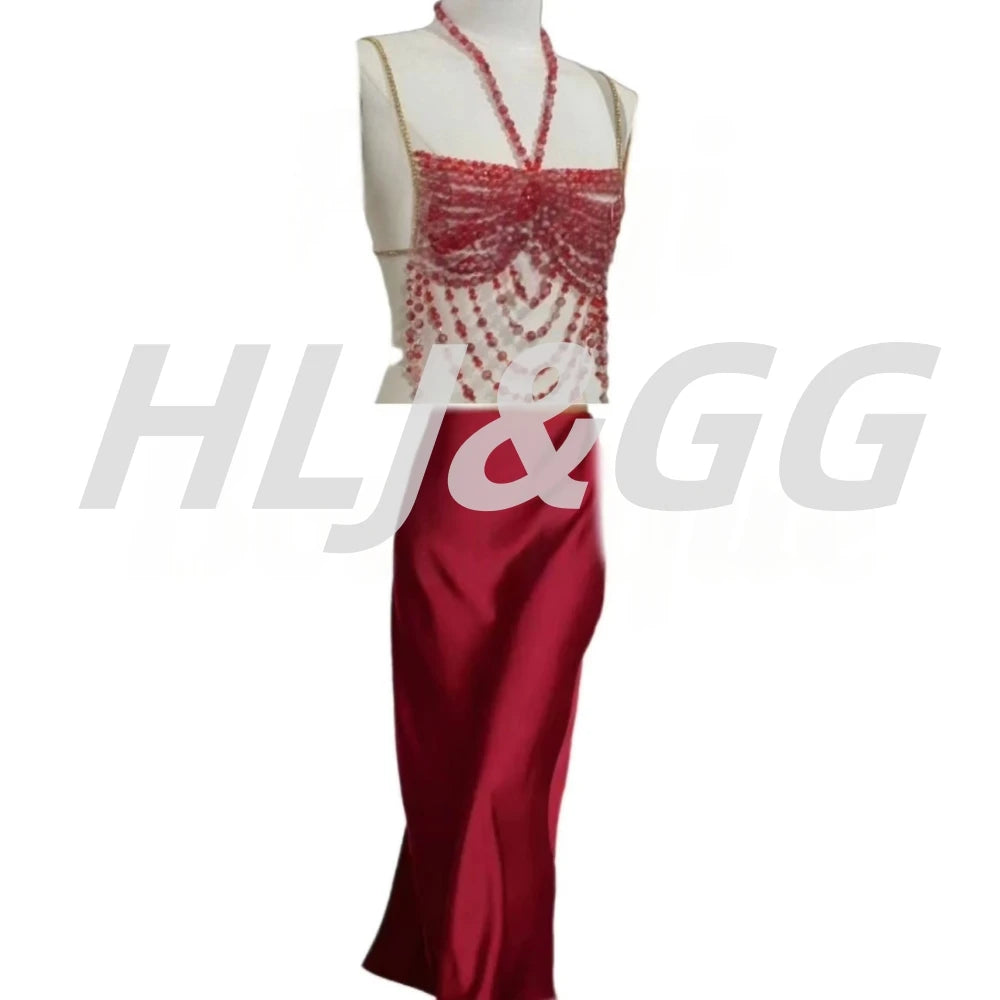 HLJ&GG Sexy Rhinestone Beads Halter Hollow Two Piece Sets Women Sleeveless Backless Top + Satin Skinny Skirts Outfits Streetwear