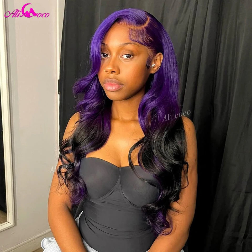 Ombre Purple Black Body Wave 13x6 13x4 HD Transparent Lace Front Human Hair Wigs Purple Colored Human Hair Wigs For Women