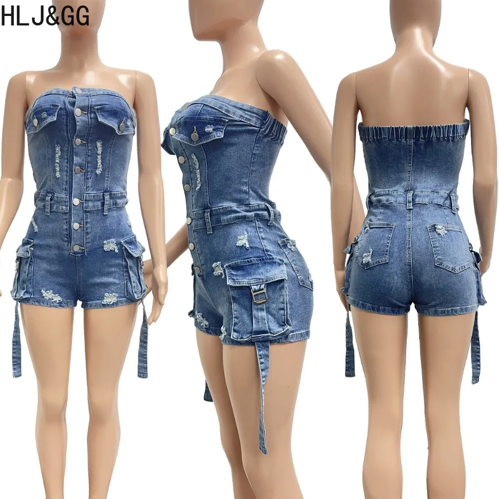 HLJ&GG Blue Sexy jeans Pocket Cargo Bodycon Rompers Women Off Shoulder Sleeveless Backless Slim Jumpsuit Fashion Cowboy Playsuit
