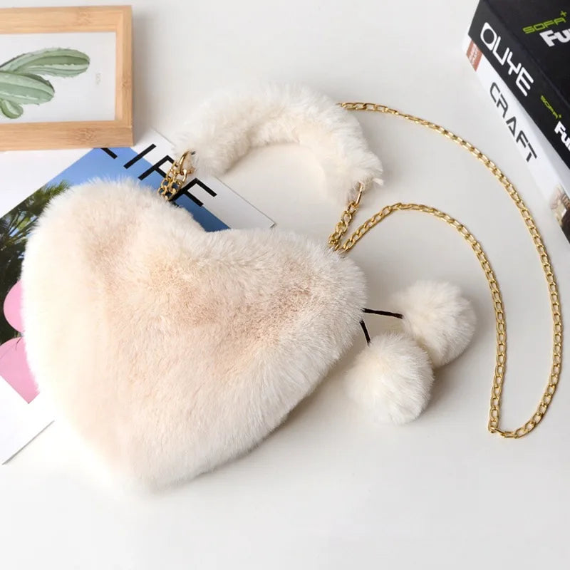 Luxury Faux Fur Heart-shaped Women Small Handbags Fluffy Plush Ladies Chain Shoulder Bag Fashion Female Furry Daily Clutch Purse