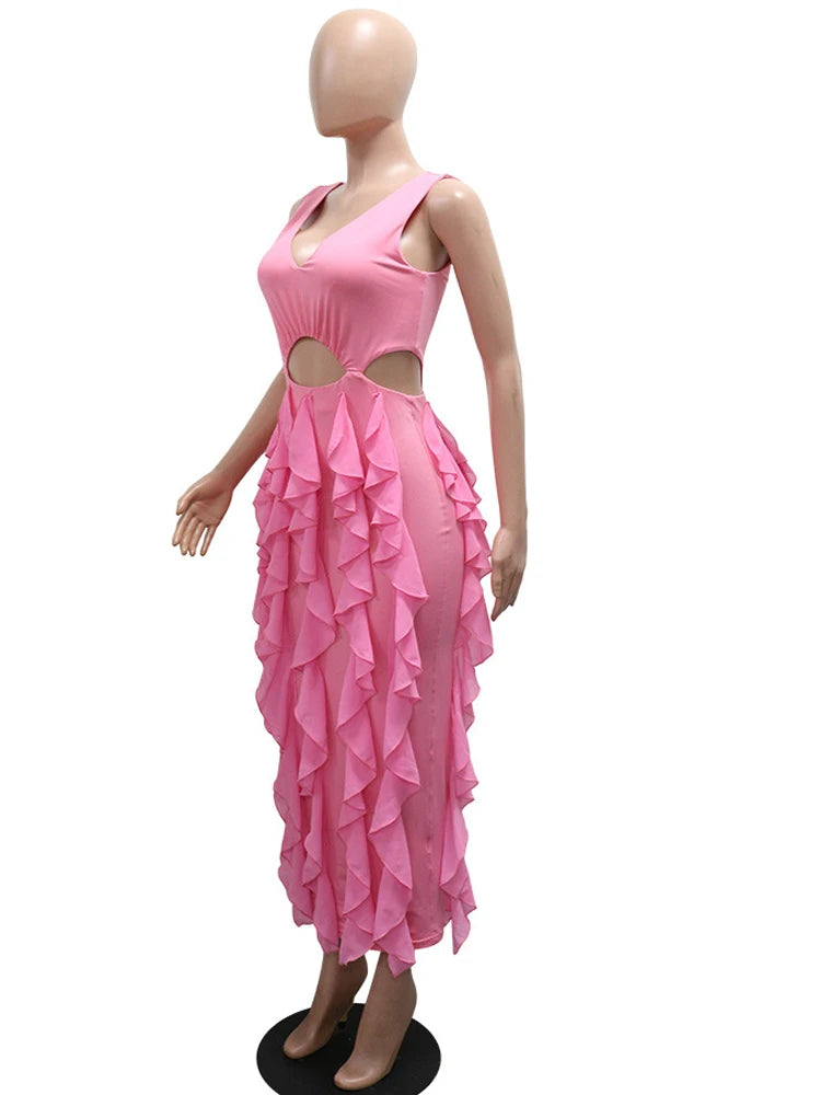 Kricesseen Stylish Deep V Neck Ruffles Tierred Long Party Dresses For Women Cute Pink Ruched Night Out Vestidos Outfits Clubwear