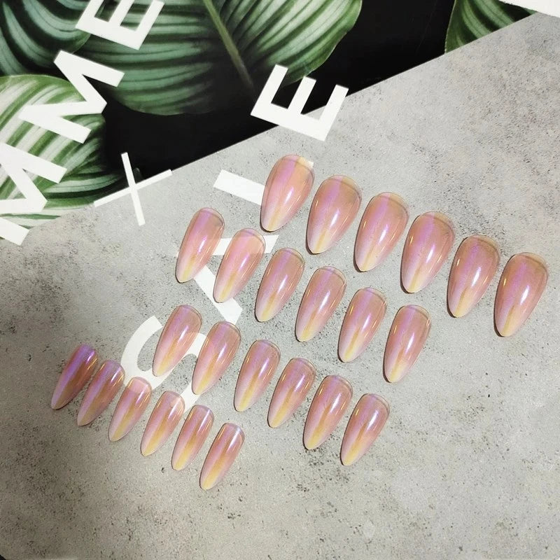 24pcs Aurora Stiletto False Nail Tips Glitter Gradient Color Fake Nails Wearable Full Cover Pointed Head Acrylic Nail Tips