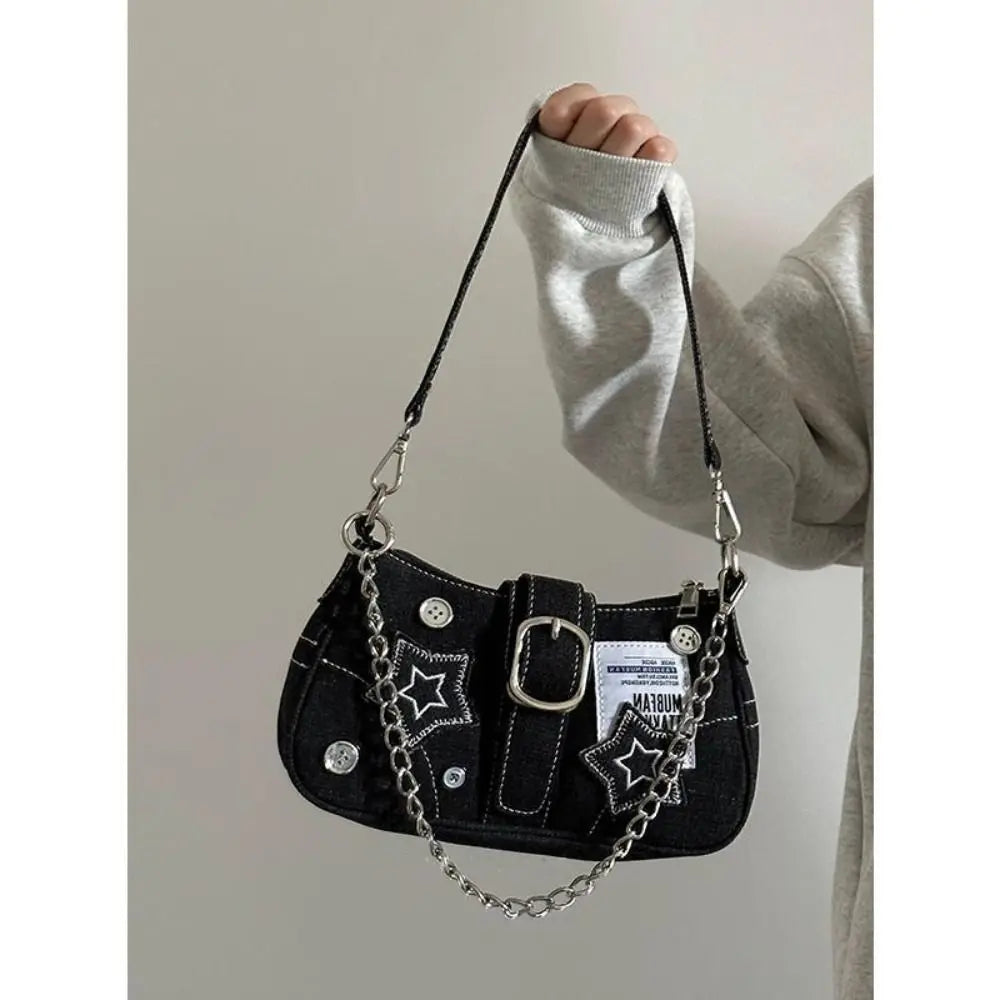 Y2K Canvas Chain Shoulder Bag jeans Stars Pattern Underarm Bag Women's Handbag for Woman Girls