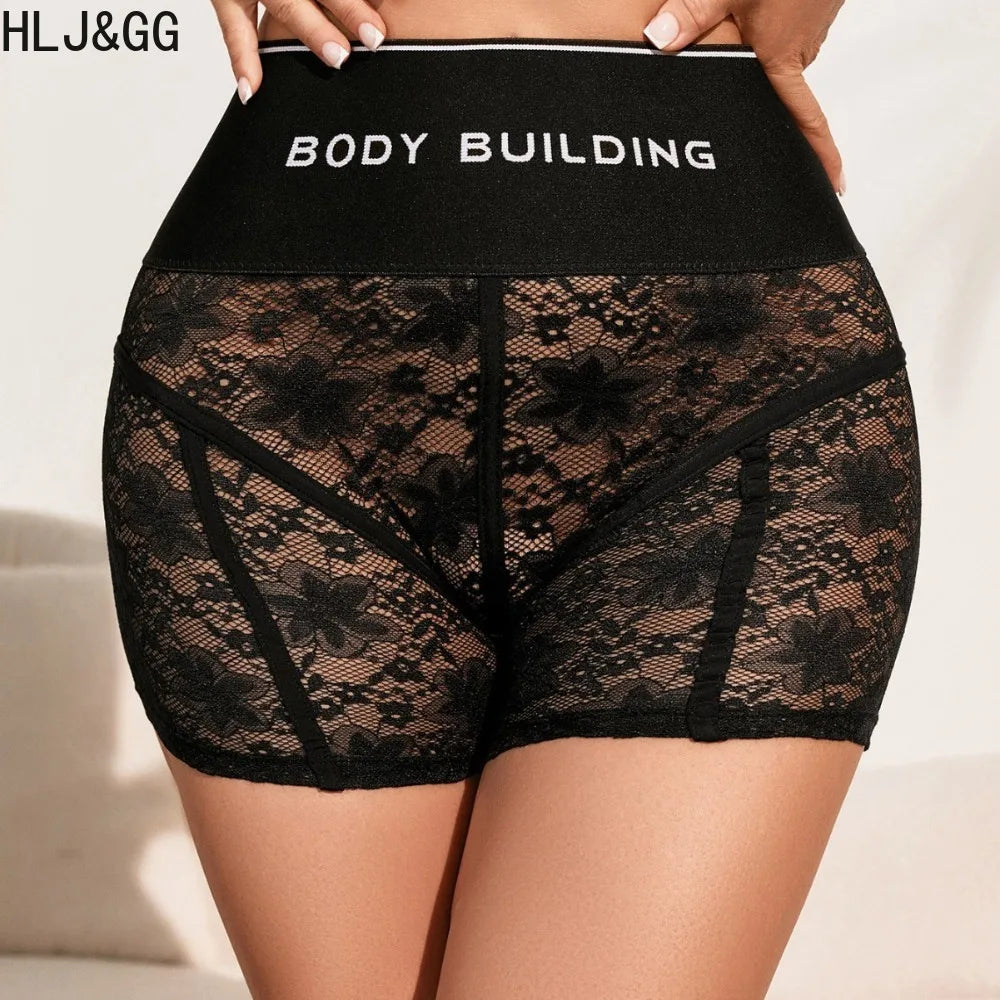HLJ&GG Trendy Summer New Letter Printing Lace See Though Shorts Two Piece Sets Women Round Neck Slim Crop Top And Shorts Outfits
