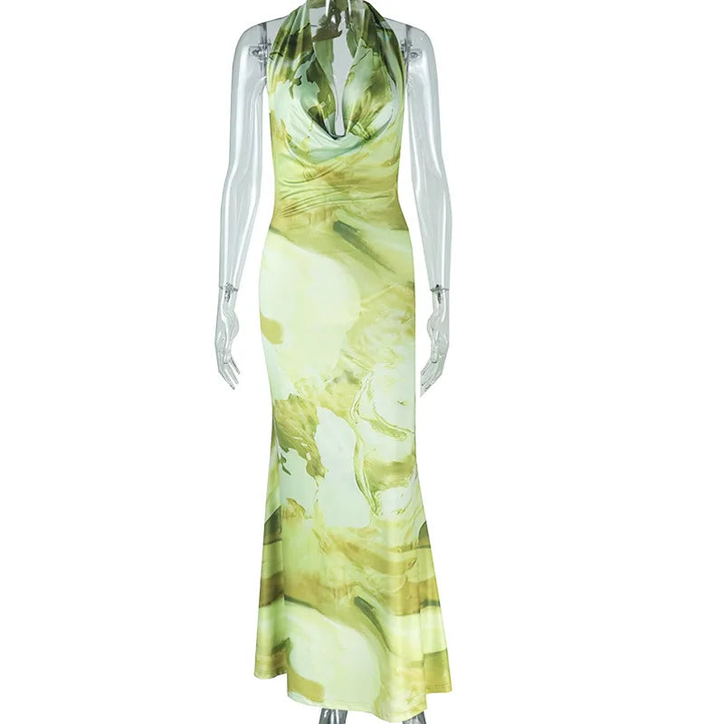 STYLISH LADY Floral Printed Backless Dress 2025 Summer Women Sleeveless Halter Bodycon Sexy Club Party Long Maxi Dresses